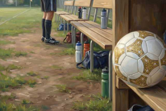 soccer-ball-by-bench-with-water-bottles