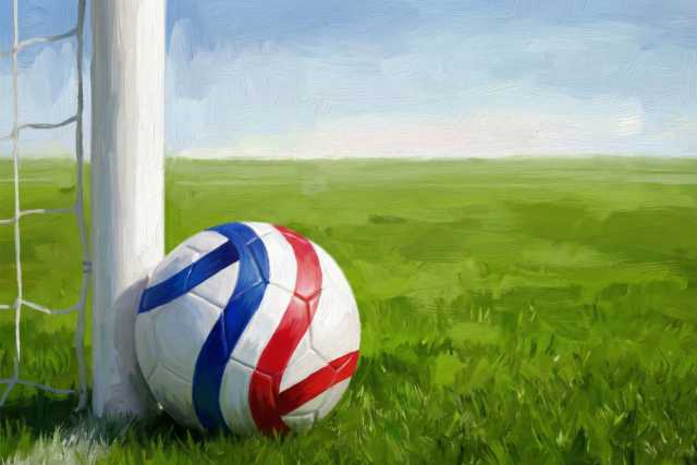 soccer-ball-by-goalpost-red-blue-stripes-illustration