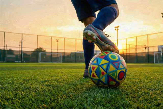 soccer-player-foot-on-colorful-ball-sunset